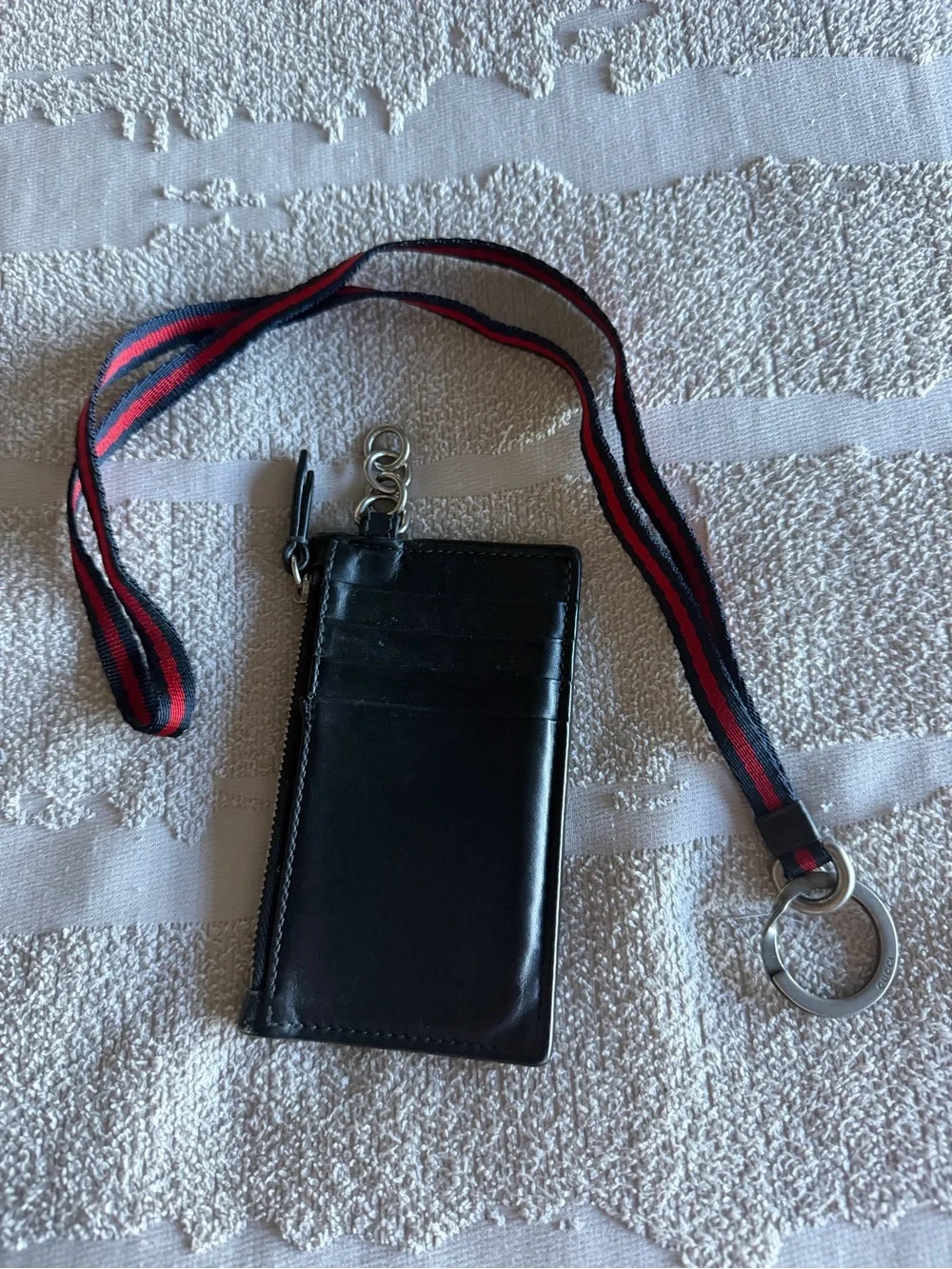 Gucci Black Card Case with Red & White Snake and Navy-Red Web Strap